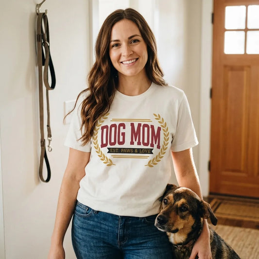 Dog Mom vintage varsity wordmark tee — lifestyle