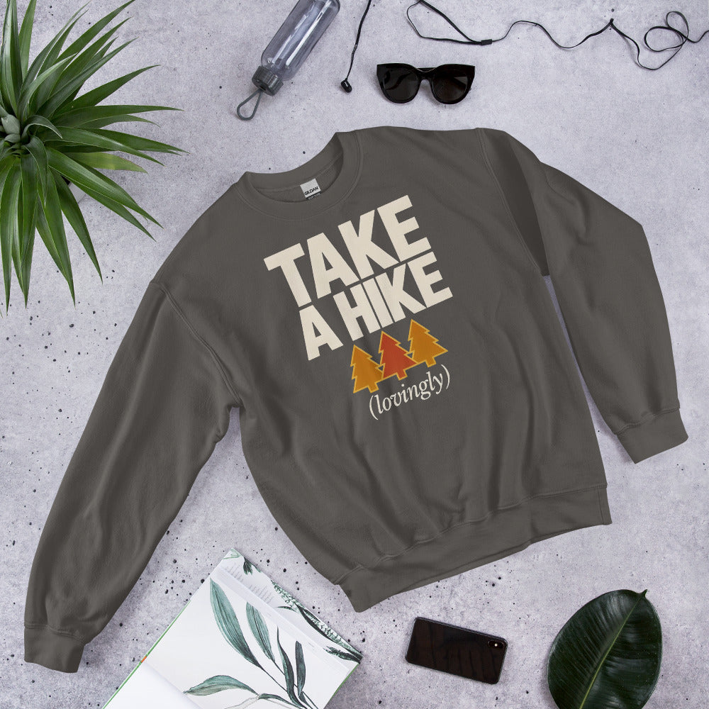 Take a Hike retro outdoors humor typography crewneck sweatshirt — Charcoal, front view