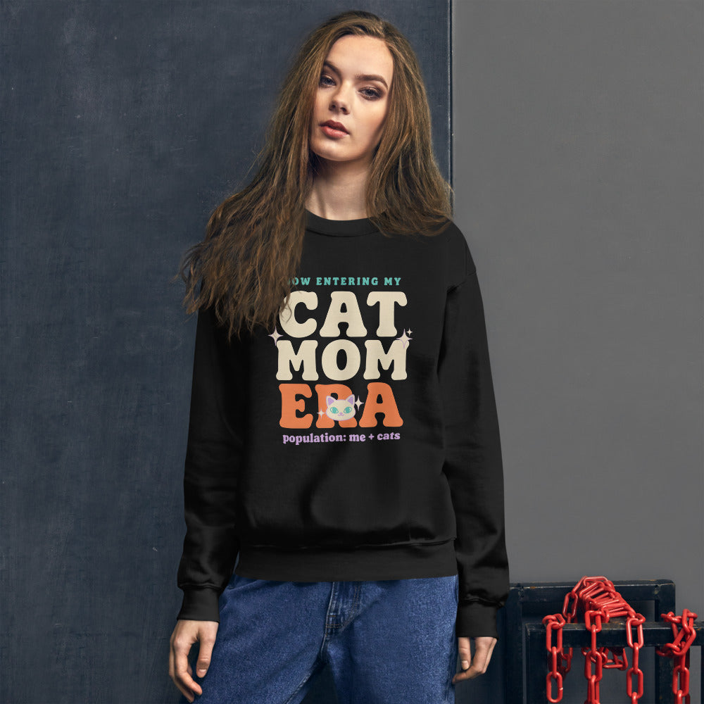 Model wearing the Cat Mom Era crewneck sweatshirt — Black