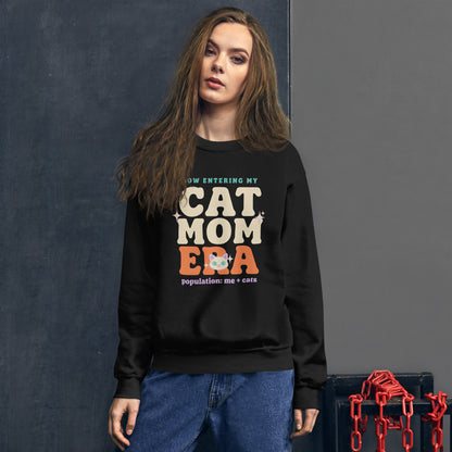 Model wearing the Cat Mom Era crewneck sweatshirt — Black