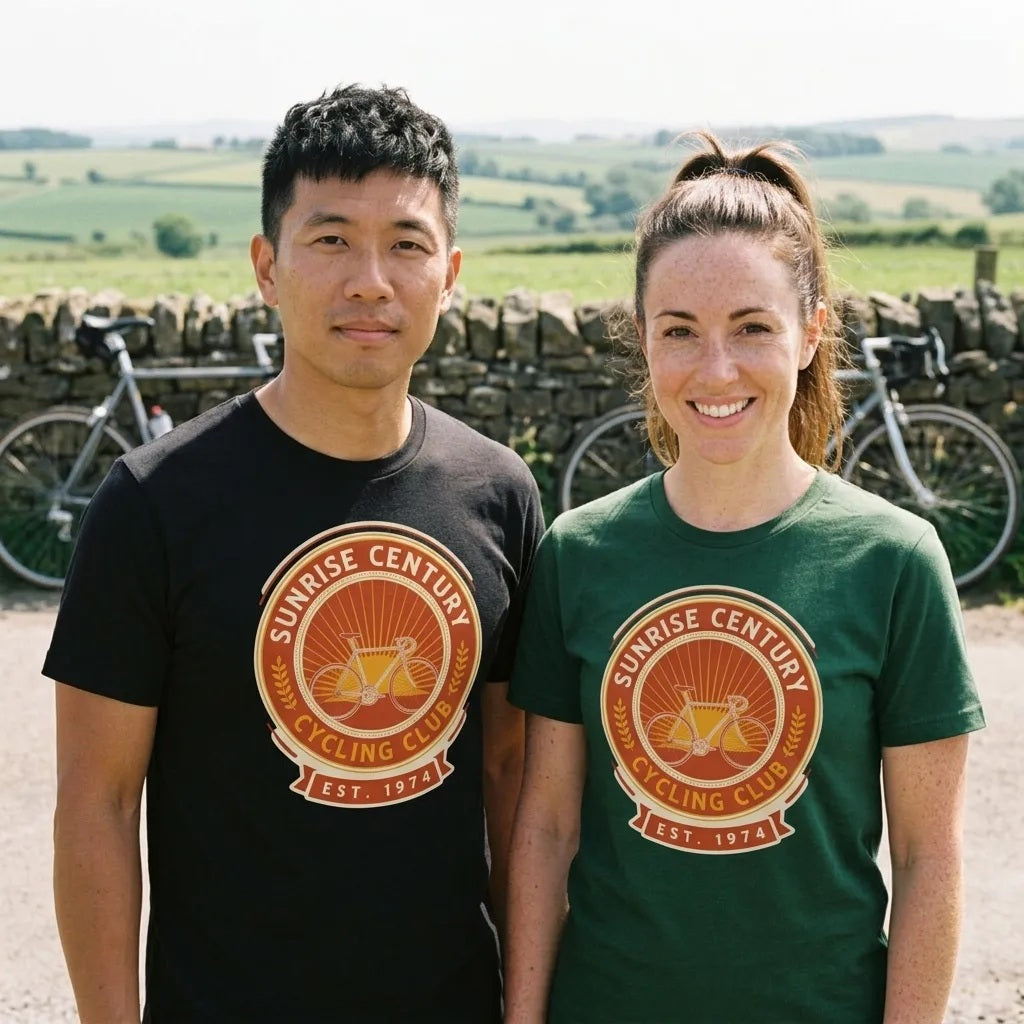 Sunrise Century C.C. retro cycling club badge t-shirt — lifestyle