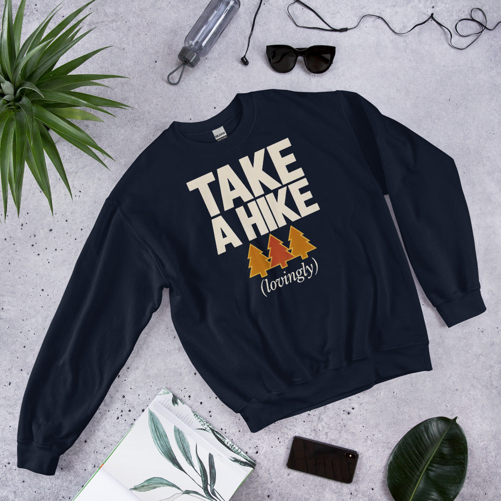 Take a Hike retro outdoors humor typography crewneck sweatshirt — Navy, front view