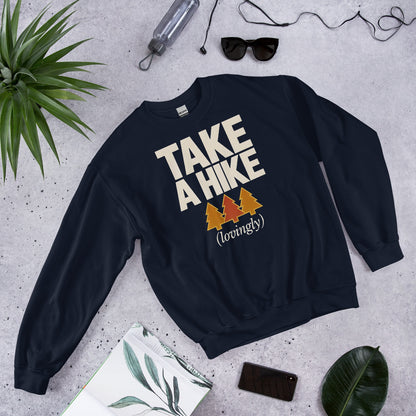 Take a Hike retro outdoors humor typography crewneck sweatshirt — Navy, front view