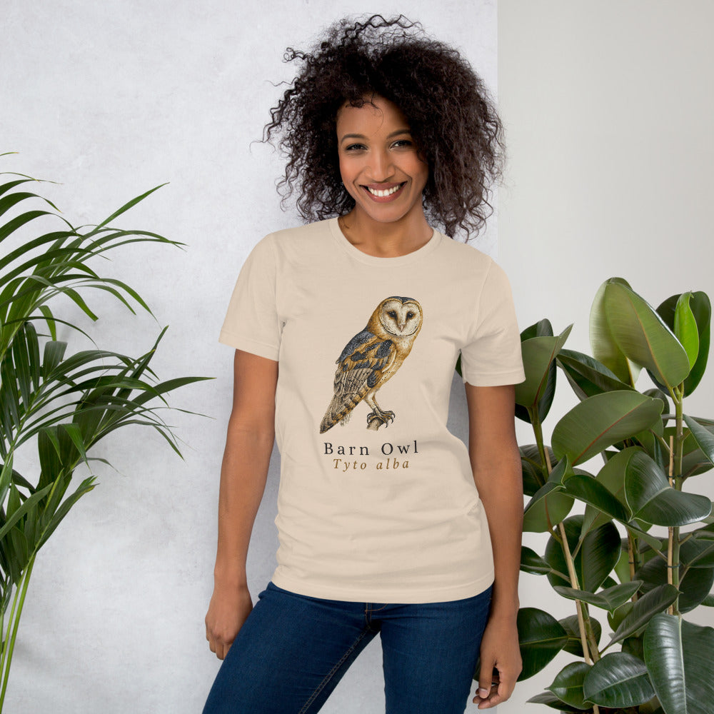 Barn Owl vintage field-guide tee — Soft Cream, on model