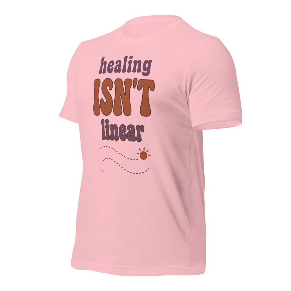 Healing Isn't Linear soft retro mental health tee — Pink, front right