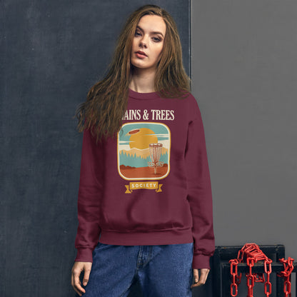 Chains & Trees Society disc golf retro landscape crewneck sweatshirt — Maroon, on model