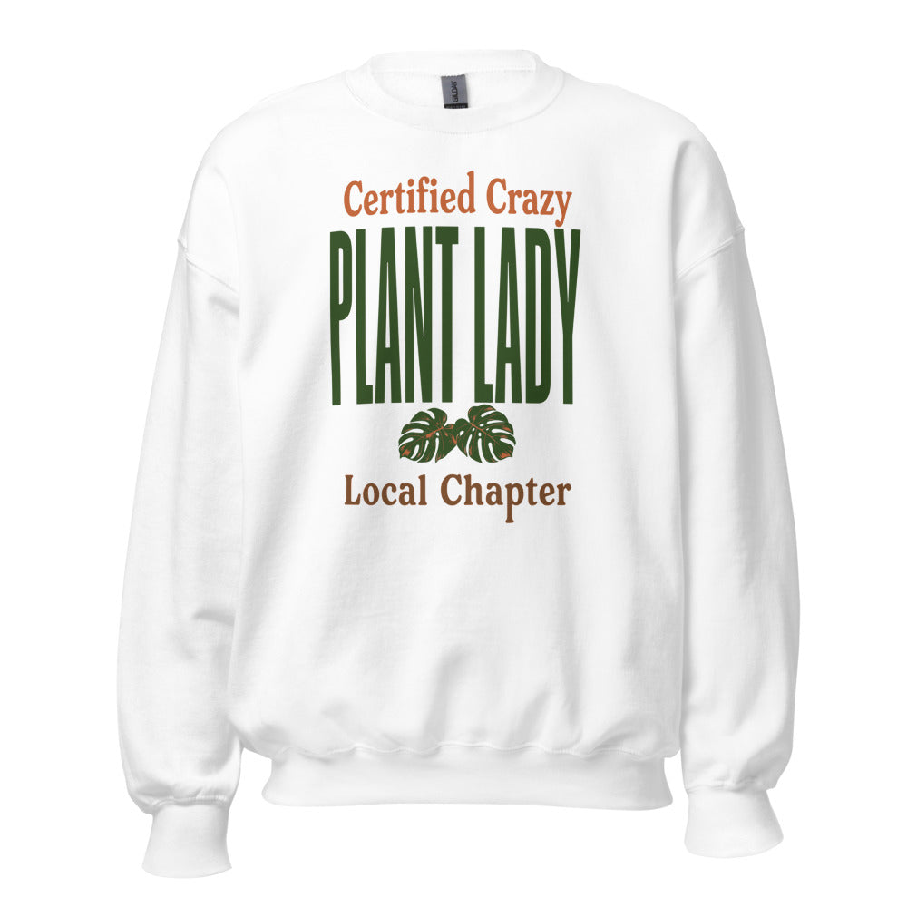 Certified Crazy Plant Lady retro botanical crewneck sweatshirt — White, front