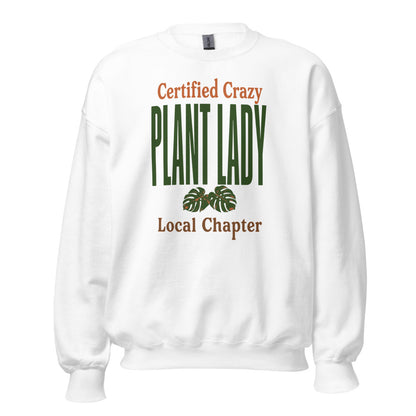 Certified Crazy Plant Lady retro botanical crewneck sweatshirt — White, front
