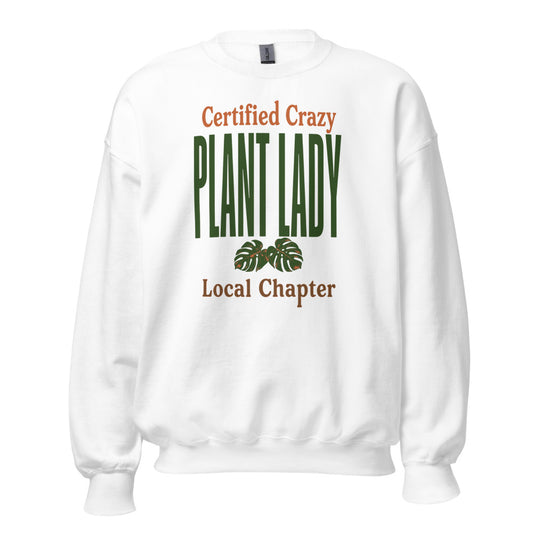 Certified Crazy Plant Lady retro botanical crewneck sweatshirt — White, front