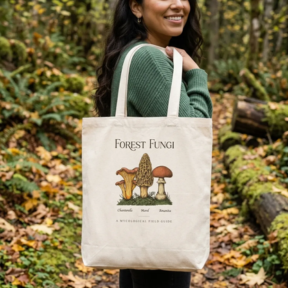 Forest Fungi vintage mushroom field guide tote bag — lifestyle