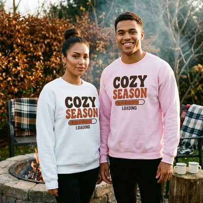 Cozy Season Loading retro 70s fall crewneck sweatshirt — lifestyle