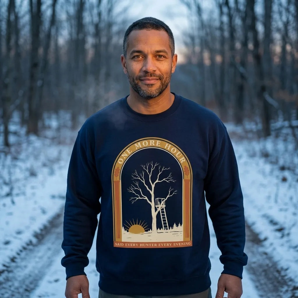 One More Hour funny deer hunting crewneck — lifestyle