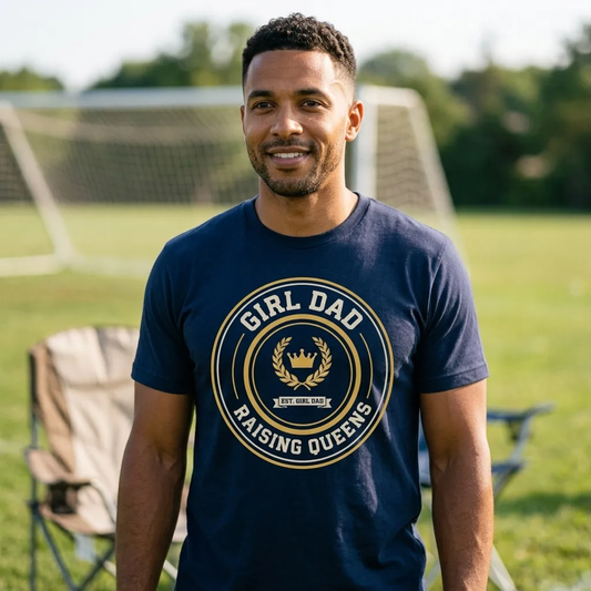 Girl Dad Raising Queens crest tee — lifestyle