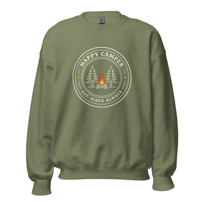 Happy Camper retro camp badge crewneck sweatshirt — Military Green, front