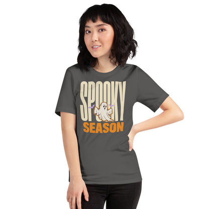 Spooky Season retro Halloween ghost typography tee — Asphalt, on model