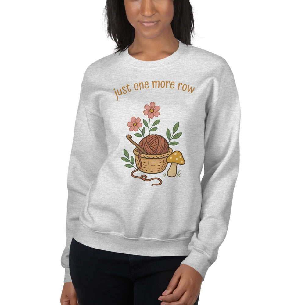 Just One More Row crochet cottagecore crewneck sweatshirt — Ash, on model