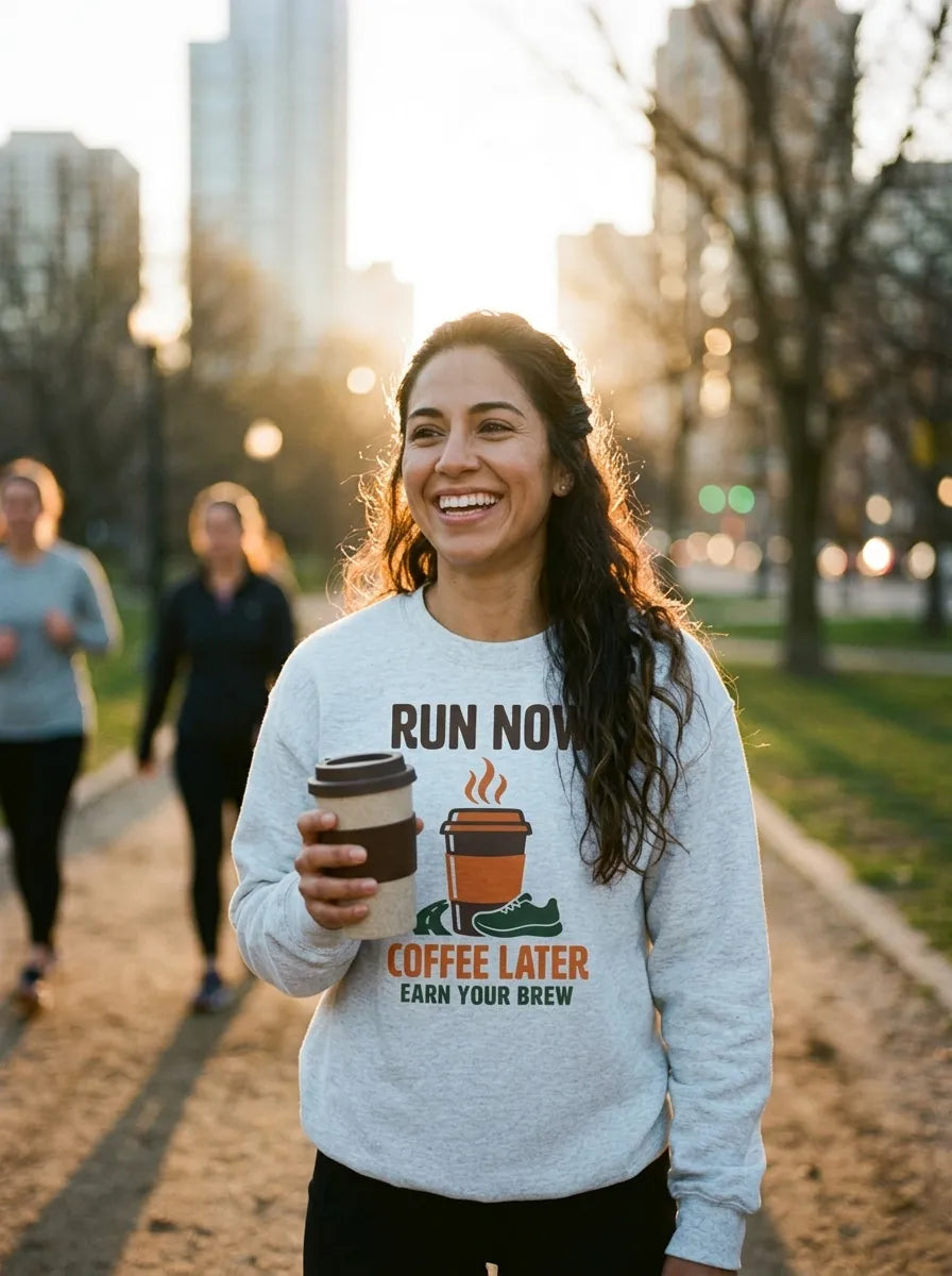 Run Now Coffee Later crewneck on a runner in Ash — golden-hour park, morning run club