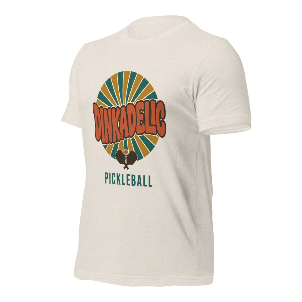 Dinkadelic retro 70s pickleball tee — Heather Dust, front-right angle