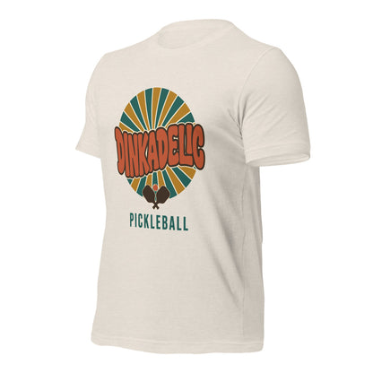 Dinkadelic retro 70s pickleball tee — Heather Dust, front-right angle