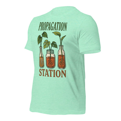 Propagation Station retro botanical plant lover tee — Heather Mint, front right