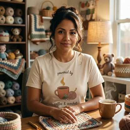 Powered by Coffee and Crochet cottagecore crochet tee — worn by a woman at a cozy craft-room desk with coffee and crochet (Soft Cream)