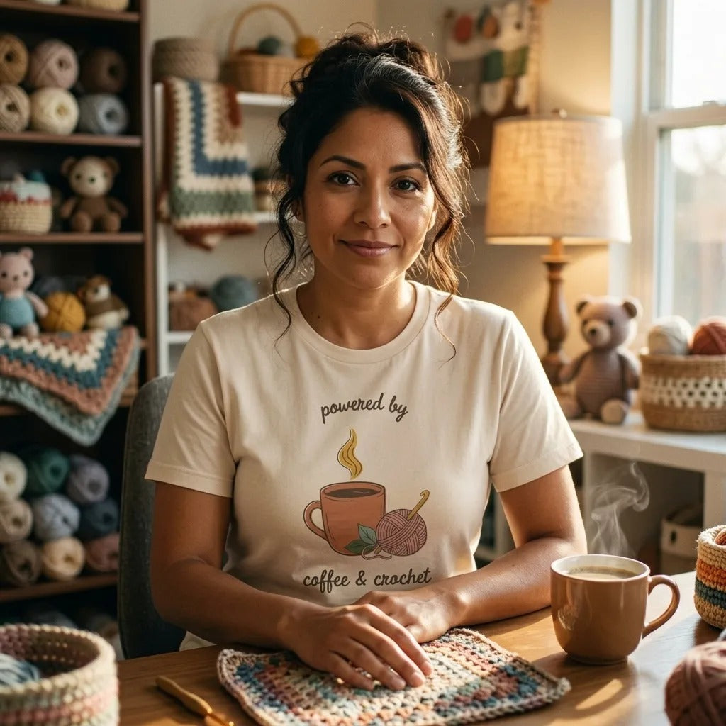 Powered by Coffee and Crochet cottagecore crochet tee — worn by a woman at a cozy craft-room desk with coffee and crochet (Soft Cream)