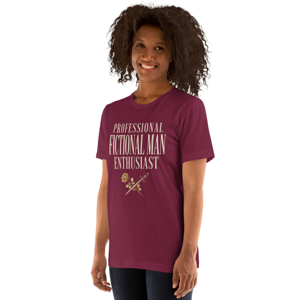 Professional Fictional Man Enthusiast book lover dark academia tee — Maroon, on model