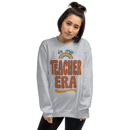 In My Teacher Era retro groovy teacher crewneck sweatshirt — Sport Grey, on model