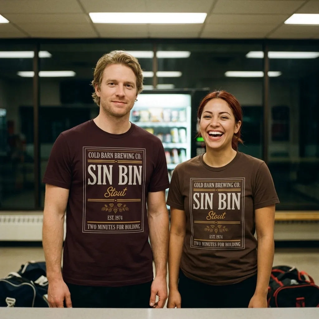 Beer League Sin Bin Stout brewery label t-shirt — lifestyle