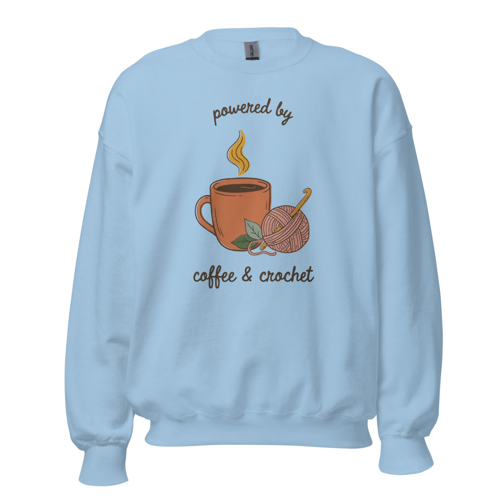 Powered by Coffee and Crochet cottagecore crochet crewneck sweatshirt — Light Blue, front
