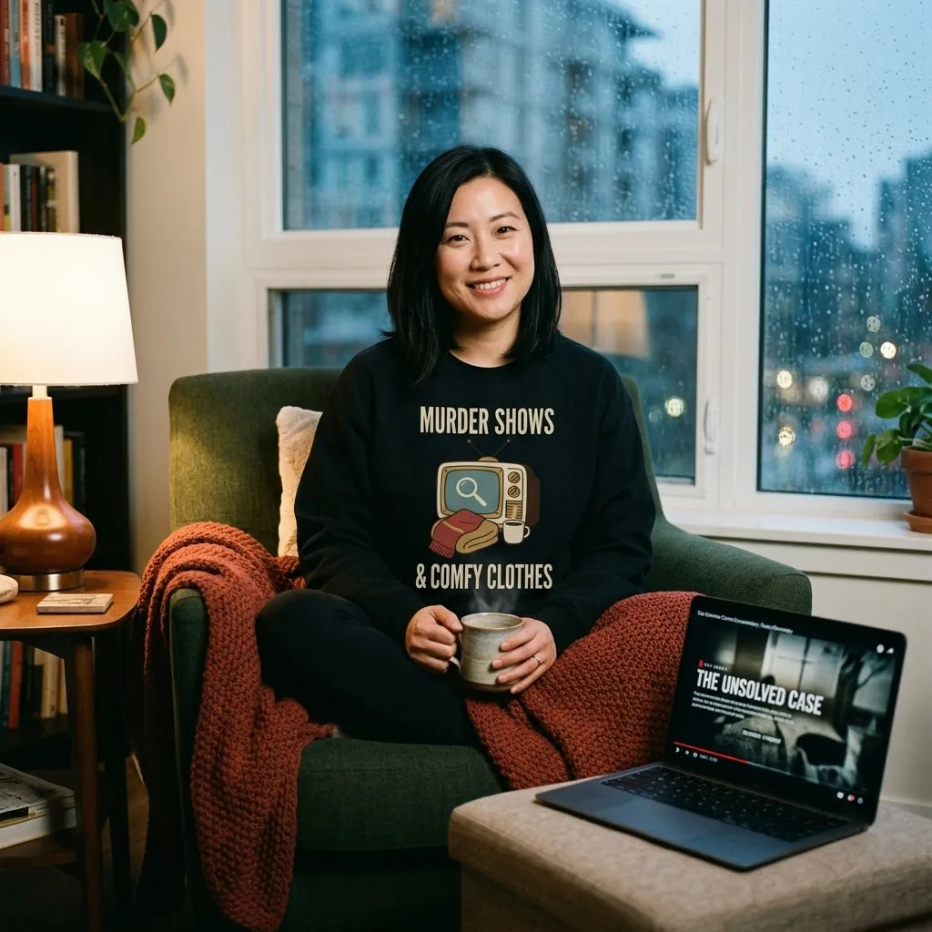 Murder Shows and Comfy Clothes cozy true crime crewneck — woman in an armchair by the window on a cool true crime documentary night
