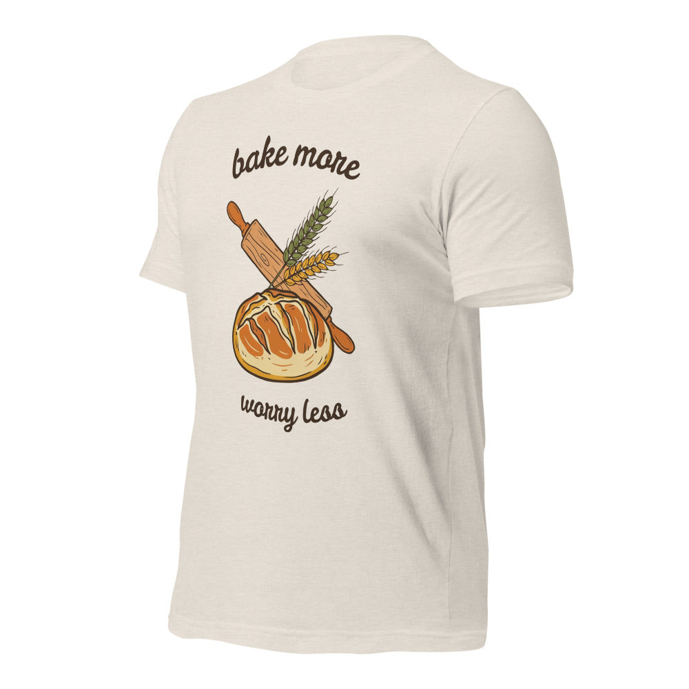 Bake More Worry Less retro kitchen sourdough tee — Heather Dust, front right