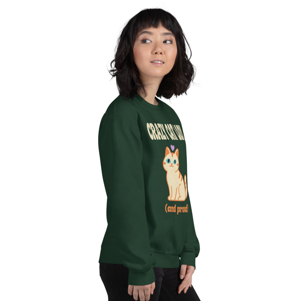 Crazy Cat Lady and Proud retro Y2K crewneck sweatshirt — Forest Green, on model