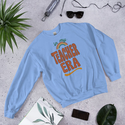 In My Teacher Era retro groovy teacher crewneck sweatshirt — Carolina Blue, front flat lay