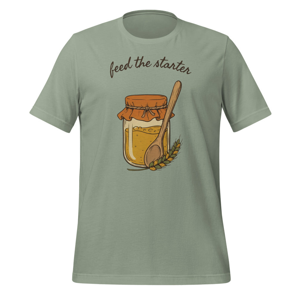 Feed The Starter sourdough baker tee — Sage, front