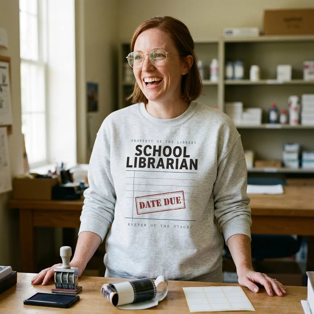Property of the School Library card catalog school librarian crewneck sweatshirt — lifestyle