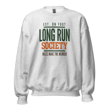 Long Run Society retro running crewneck sweatshirt — Ash, front