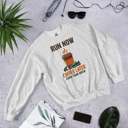Run Now Coffee Later funny running crewneck sweatshirt — Ash, front-right