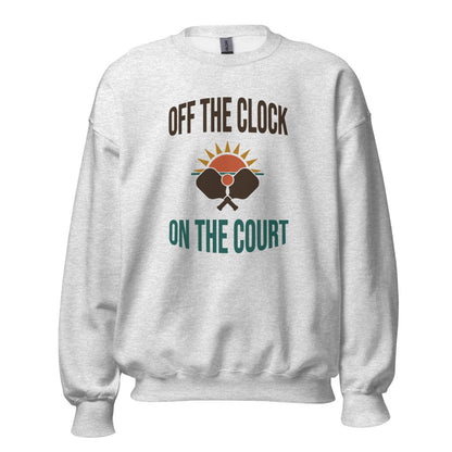 Off The Clock On The Court retro pickleball crewneck sweatshirt — Ash, front