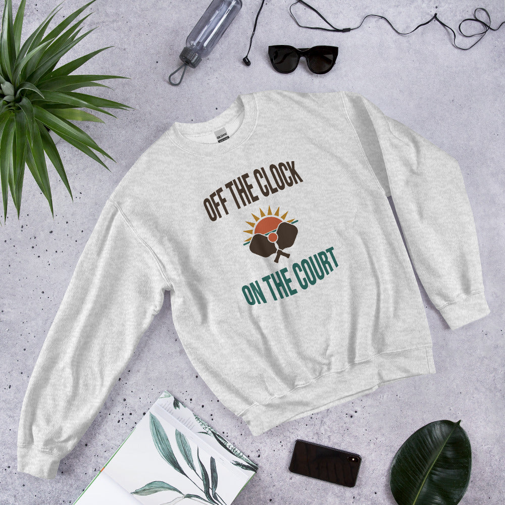 Off The Clock On The Court retro pickleball crewneck sweatshirt — Ash, side