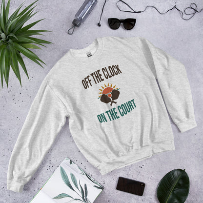 Off The Clock On The Court retro pickleball crewneck sweatshirt — Ash, side