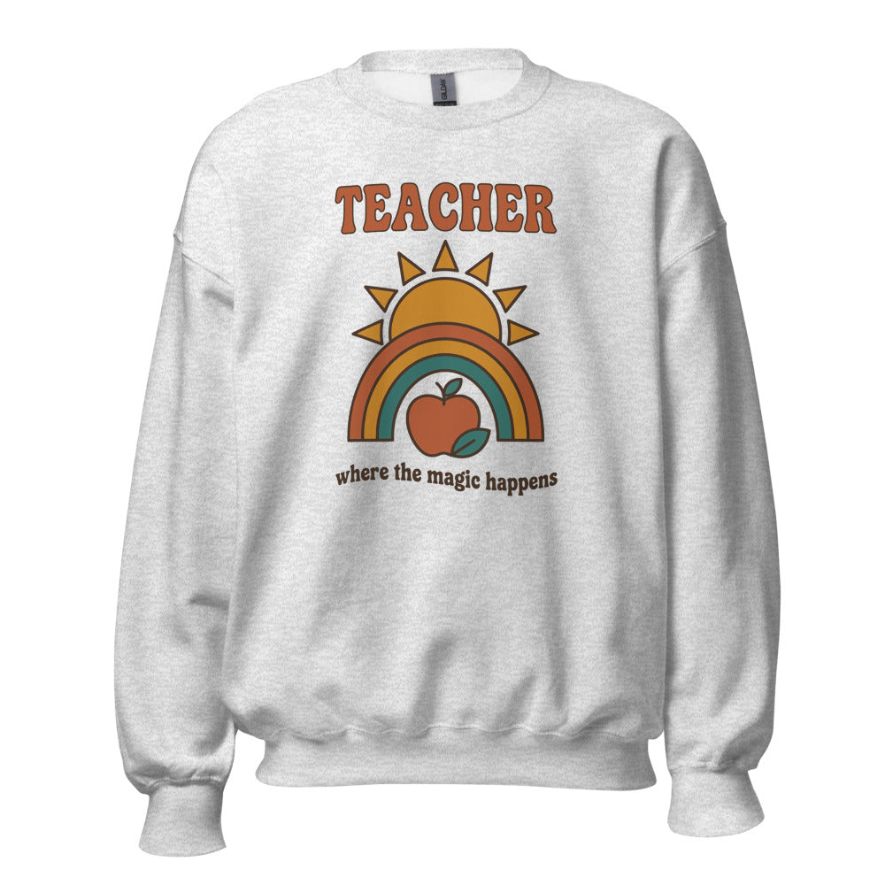 Teacher Where The Magic Happens retro groovy teacher crewneck sweatshirt — Ash, front