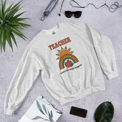 Teacher Where The Magic Happens retro groovy teacher crewneck sweatshirt — Ash, front angle