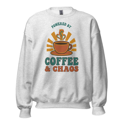 Powered By Coffee And Chaos retro groovy teacher crewneck sweatshirt — Ash, front