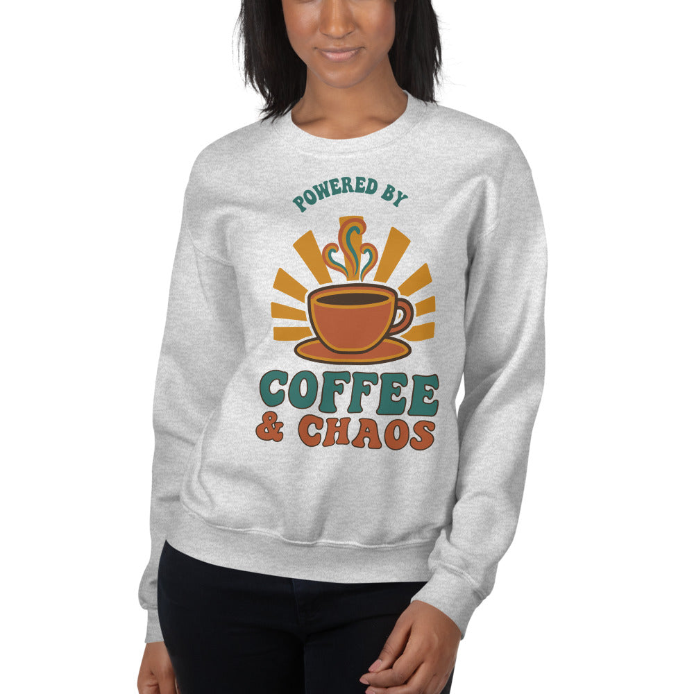 Model wearing Powered By Coffee And Chaos retro groovy teacher crewneck sweatshirt — Ash