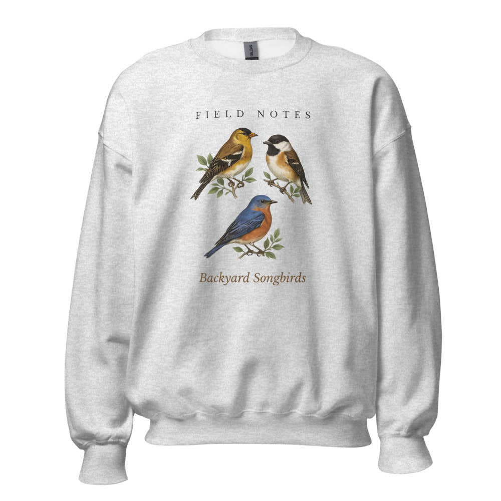 Backyard Songbirds vintage field-guide crewneck sweatshirt — Ash, front