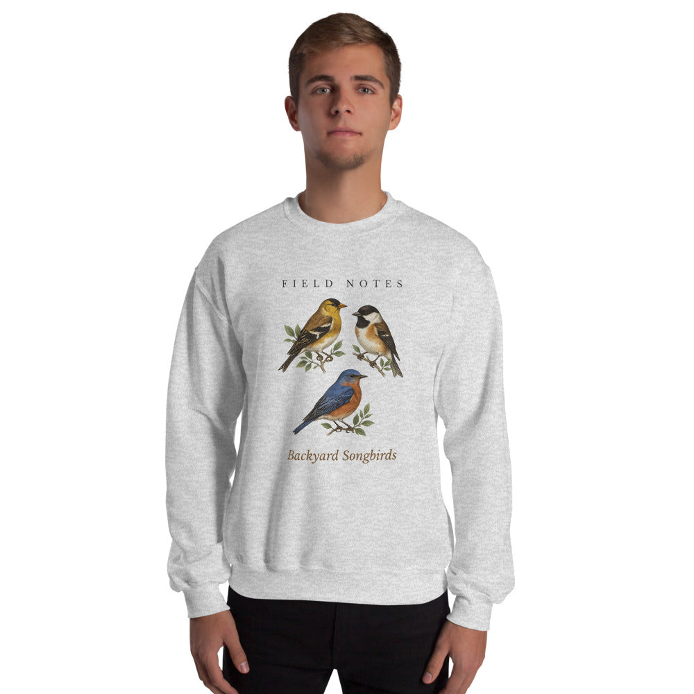 Backyard Songbirds vintage field-guide crewneck sweatshirt — Ash, on model