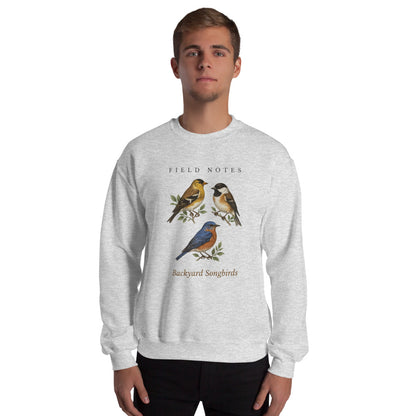 Backyard Songbirds vintage field-guide crewneck sweatshirt — Ash, on model