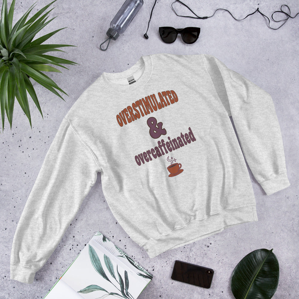 Overstimulated & Overcaffeinated soft retro coffee mental health crewneck sweatshirt — Ash, front-right