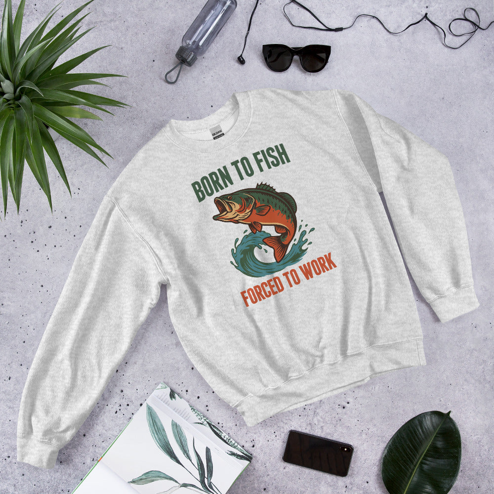 Born to Fish Forced to Work retro fishing humor crewneck sweatshirt — Ash, front-right